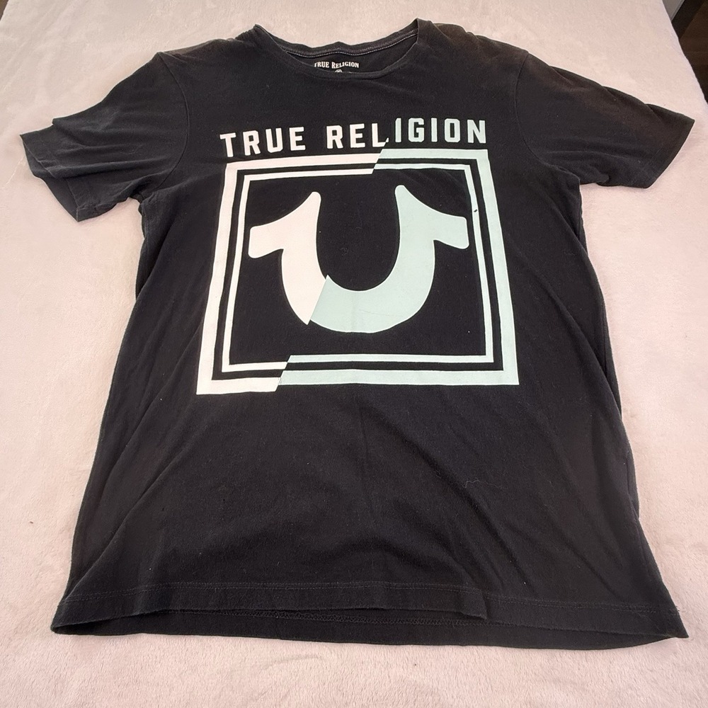 True Religion Mens T Shirt Small Black Horseshoe Logo Graphic World Tour